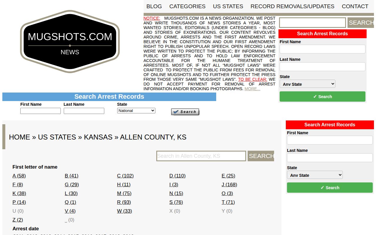 Unofficial archival Allen County mugshot record page